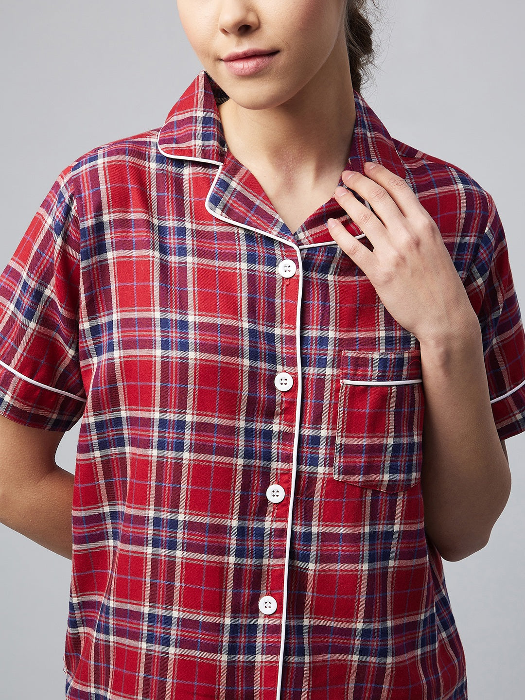Women's Cotton Red & Blue Checkered Night Suit