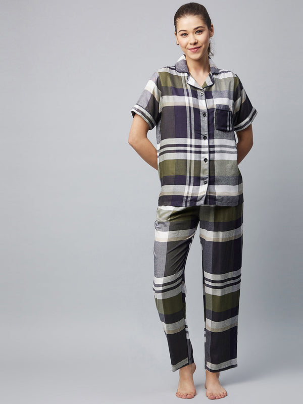 Women's Cotton Olive & Grey Checkered Night Suit