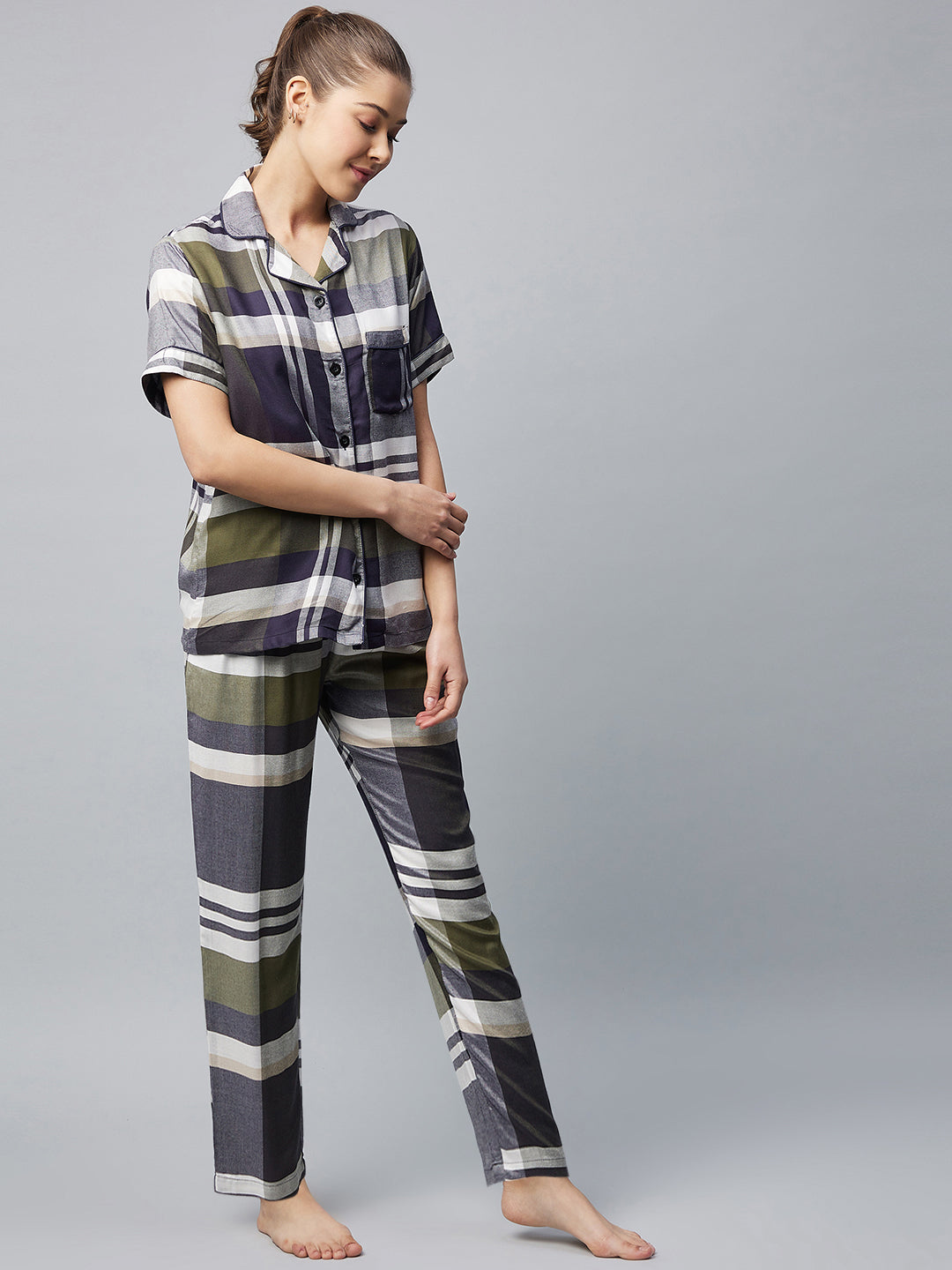 Women's Cotton Olive & Grey Checkered Night Suit