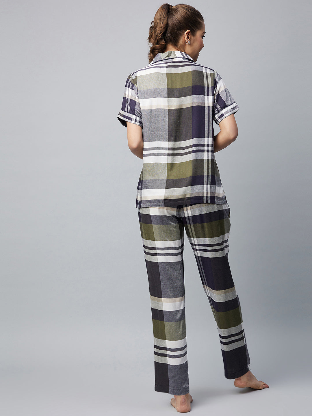 Women's Cotton Olive & Grey Checkered Night Suit