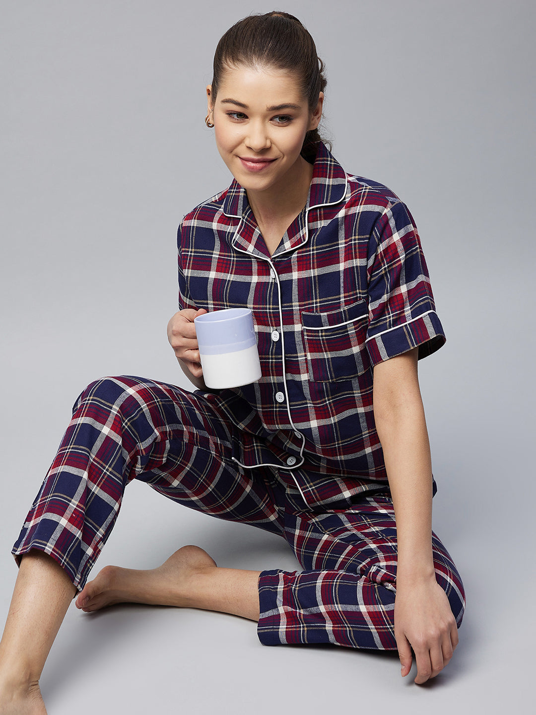 Women's Cotton Navy & Maroon Checkered Night Suit