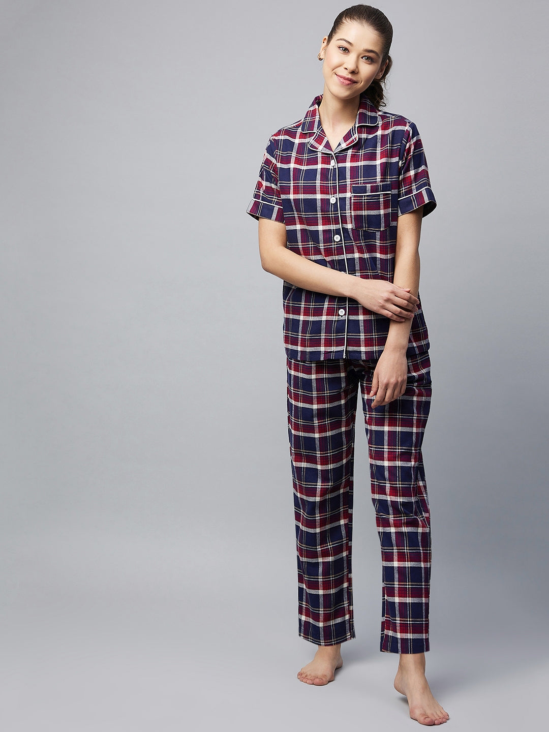 Women's Cotton Navy & Maroon Checkered Night Suit