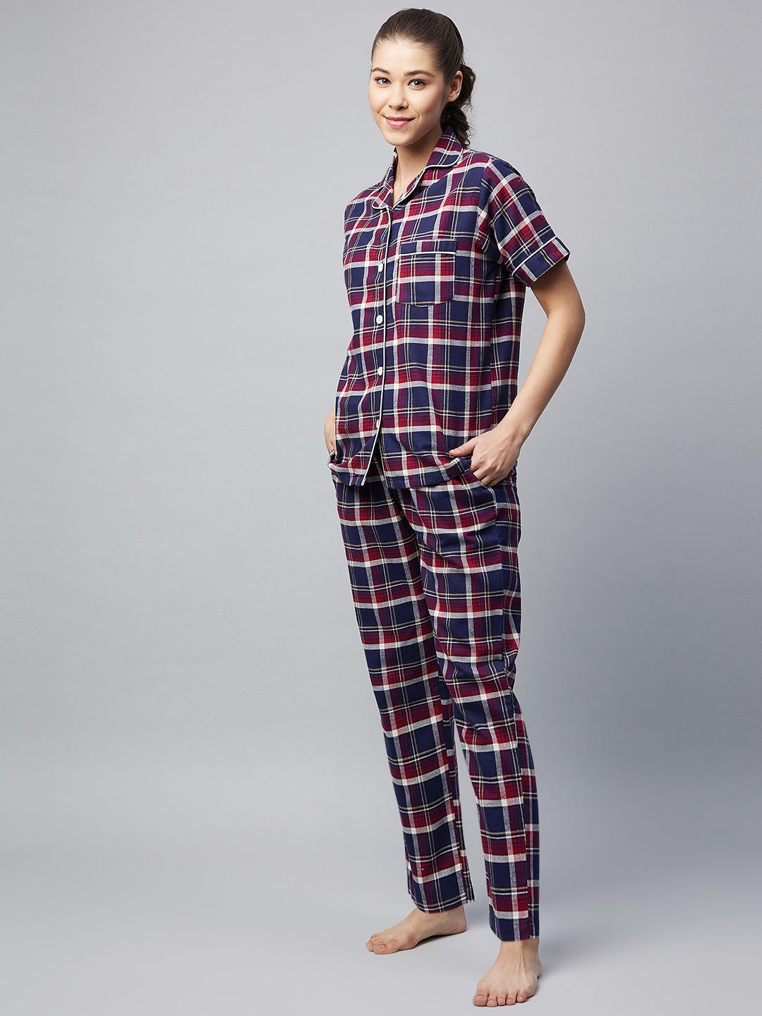 Women's Cotton Navy & Maroon Checkered Night Suit