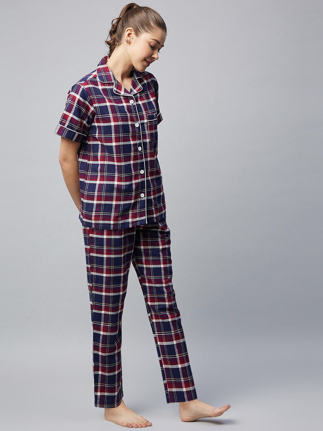 Women's Cotton Navy & Maroon Checkered Night Suit