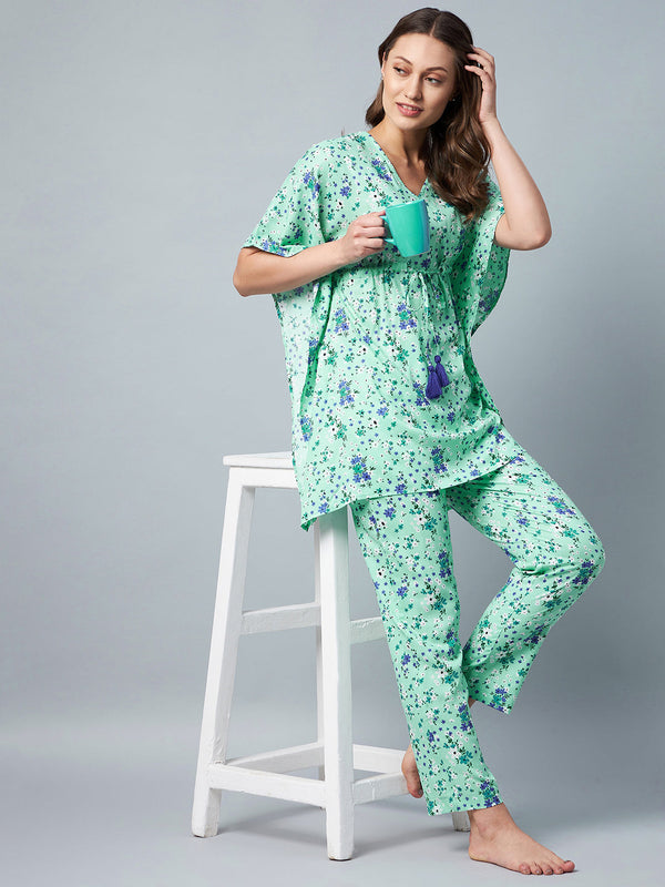 Women's Green & Blue Floral Printed Kaftan Style  Set