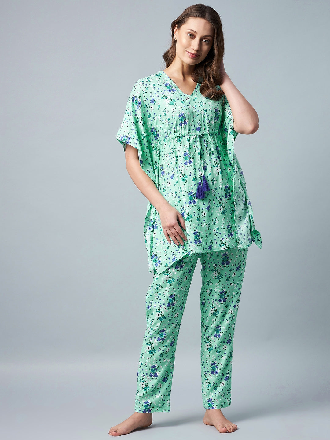 Women's Green & Blue Floral Printed Kaftan Style  Set