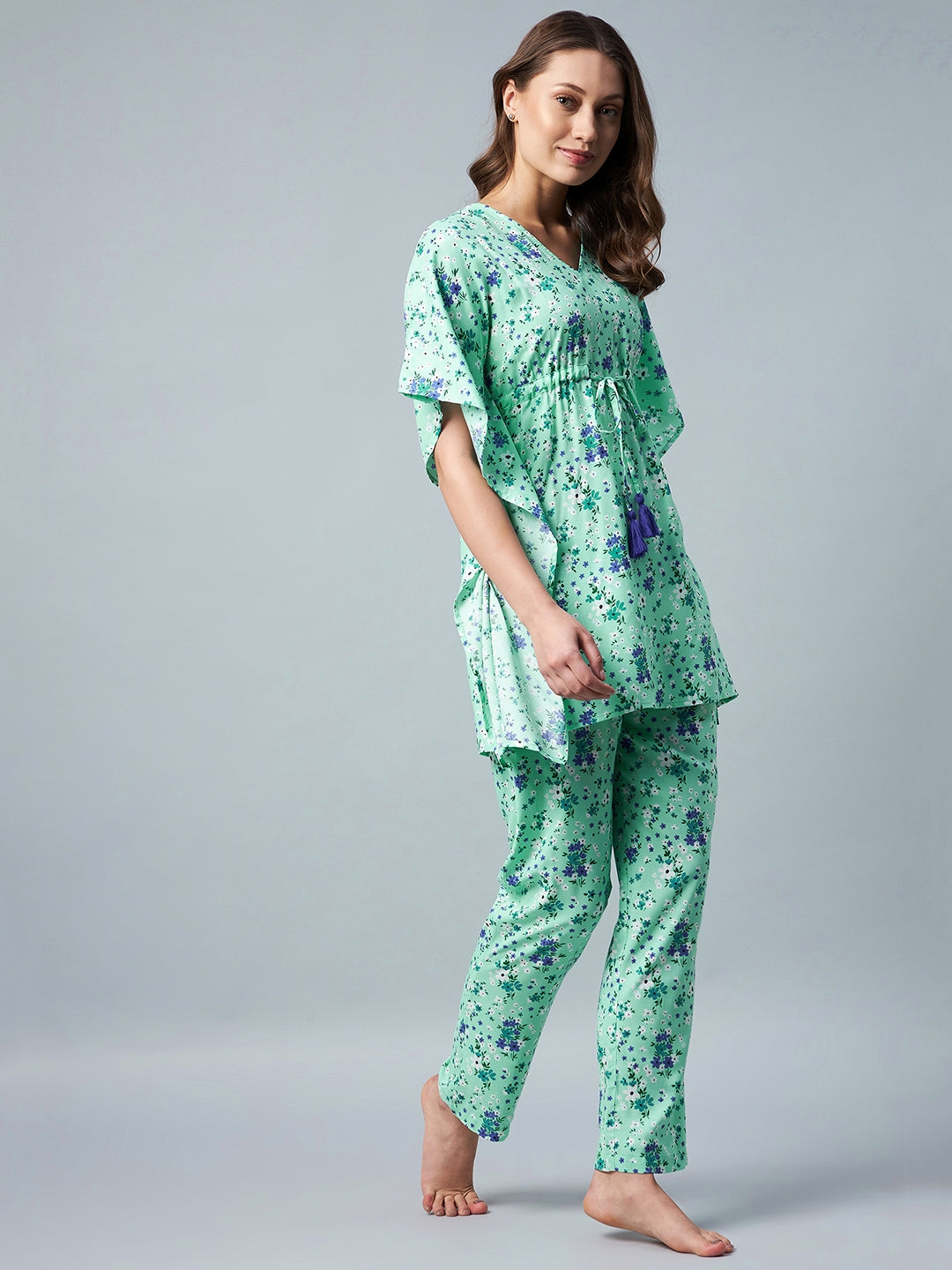 Women's Green & Blue Floral Printed Kaftan Style  Set