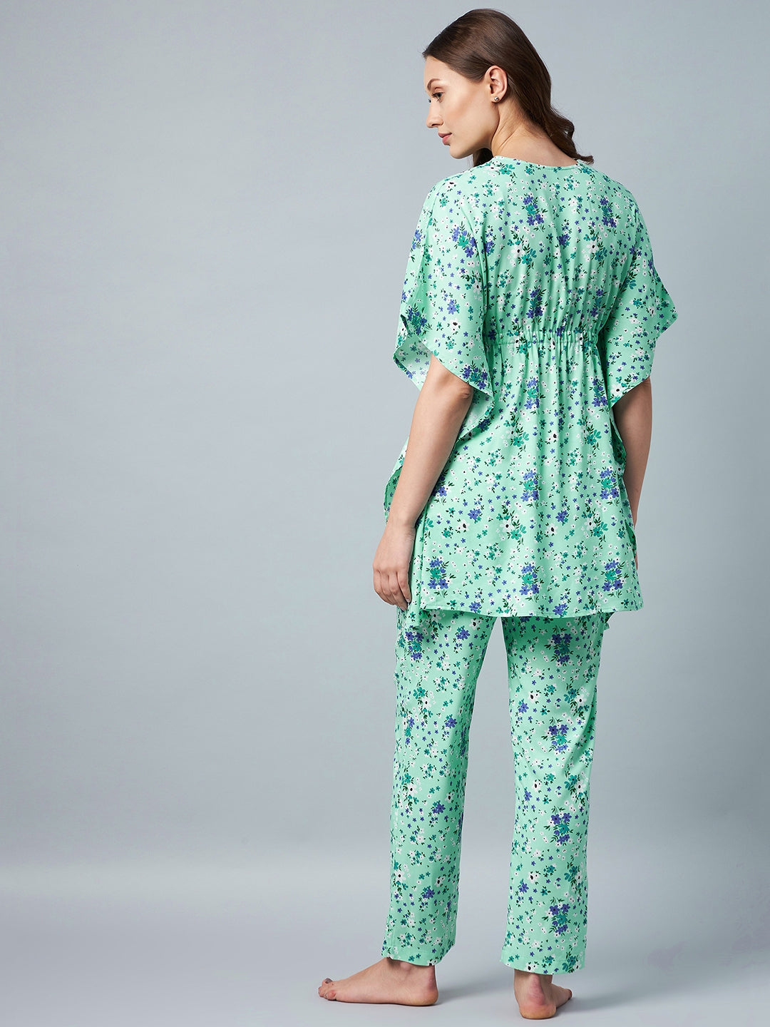 Women's Green & Blue Floral Printed Kaftan Style  Set