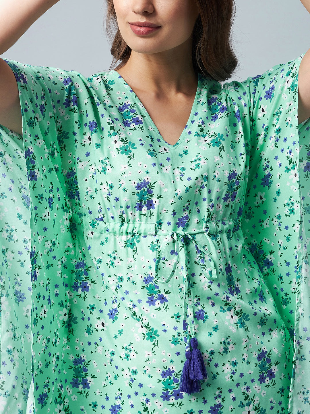 Women's Green & Blue Floral Printed Kaftan Style  Set