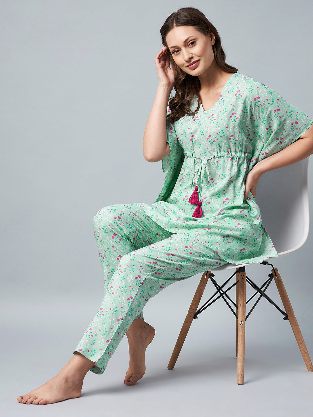 Women's Green & Pink Floral Printed Kaftaan Style  Set