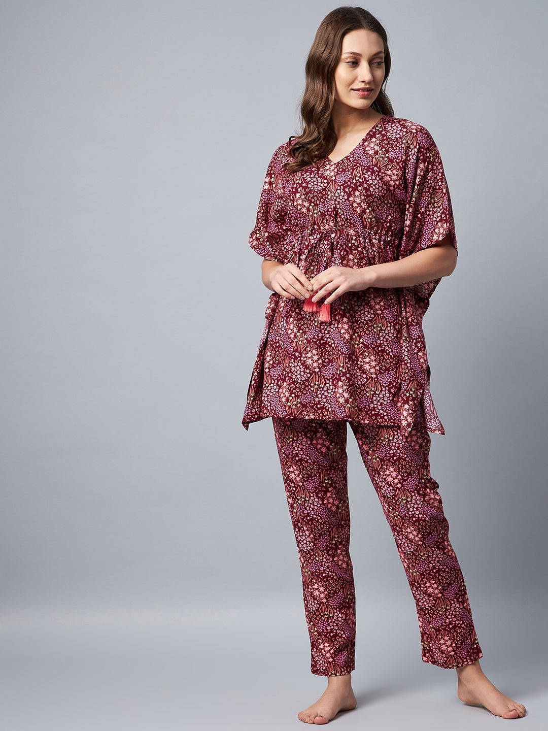 Women's Maroon Floral Printed Kaftan Set