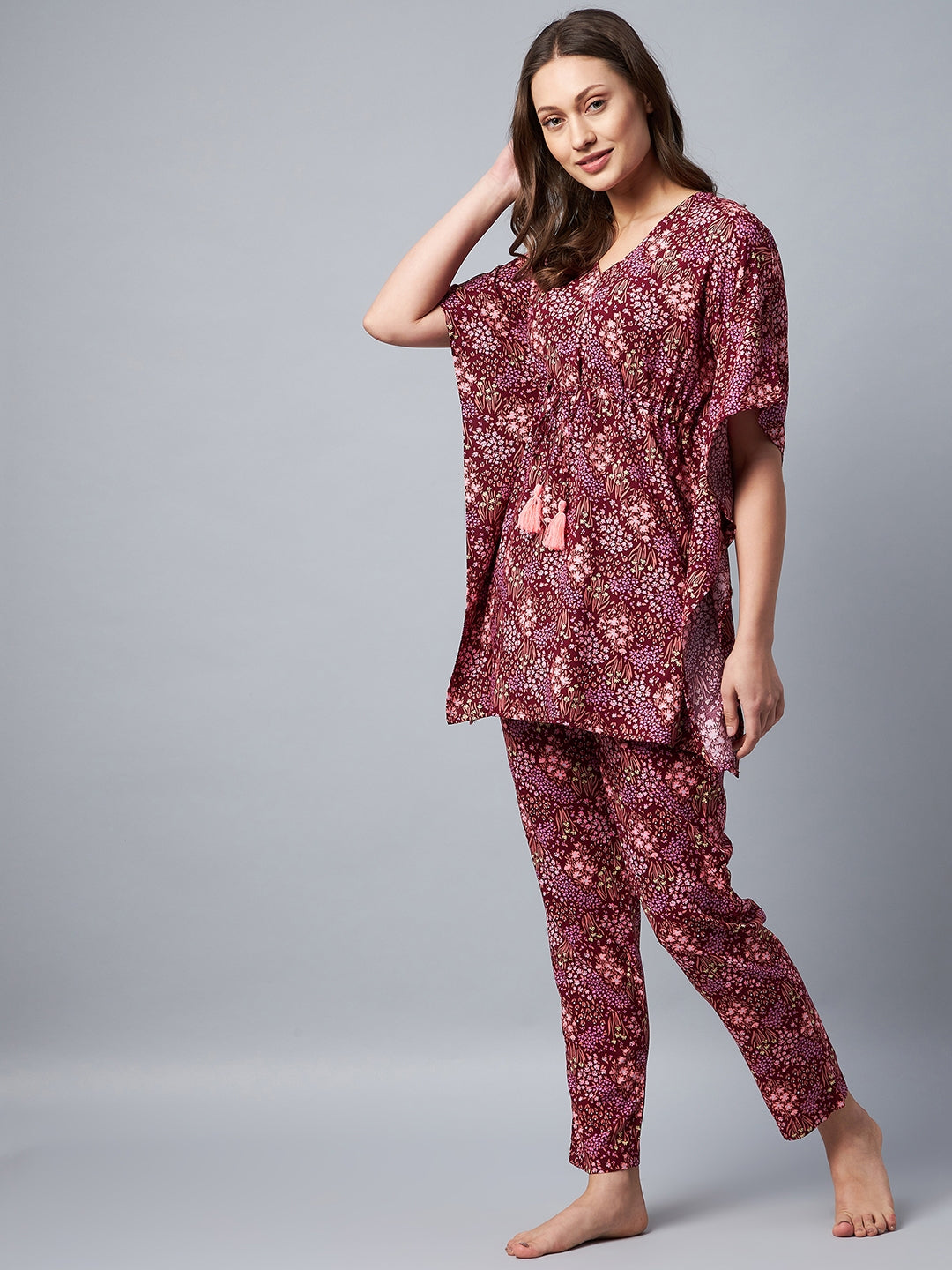 Women's Maroon Floral Printed Kaftan Set