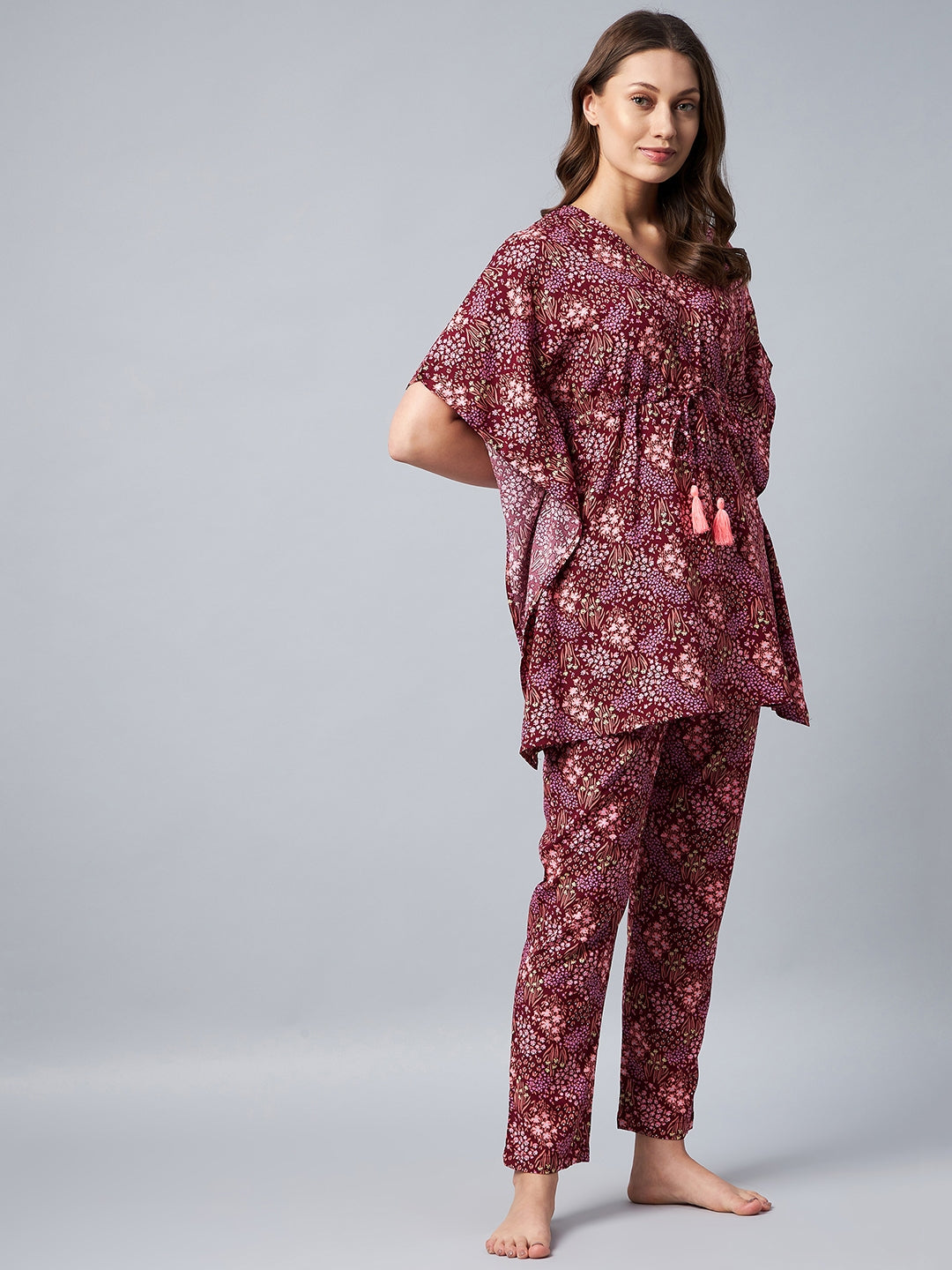 Women's Maroon Floral Printed Kaftan Set