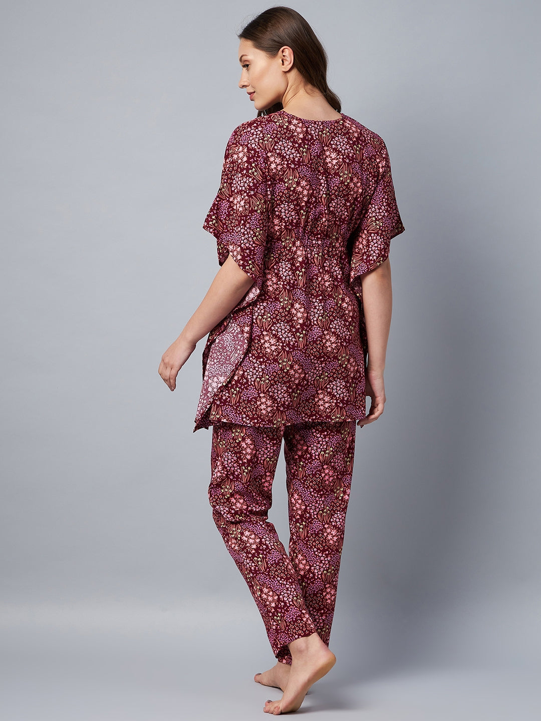 Women's Maroon Floral Printed Kaftan Set