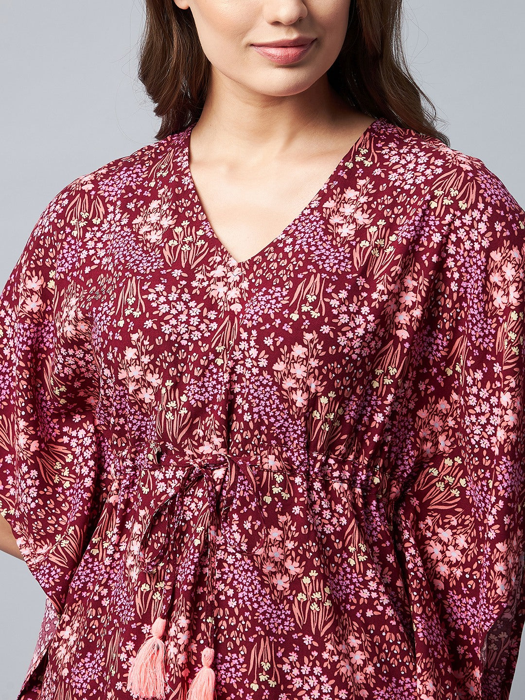 Women's Maroon Floral Printed Kaftan Set