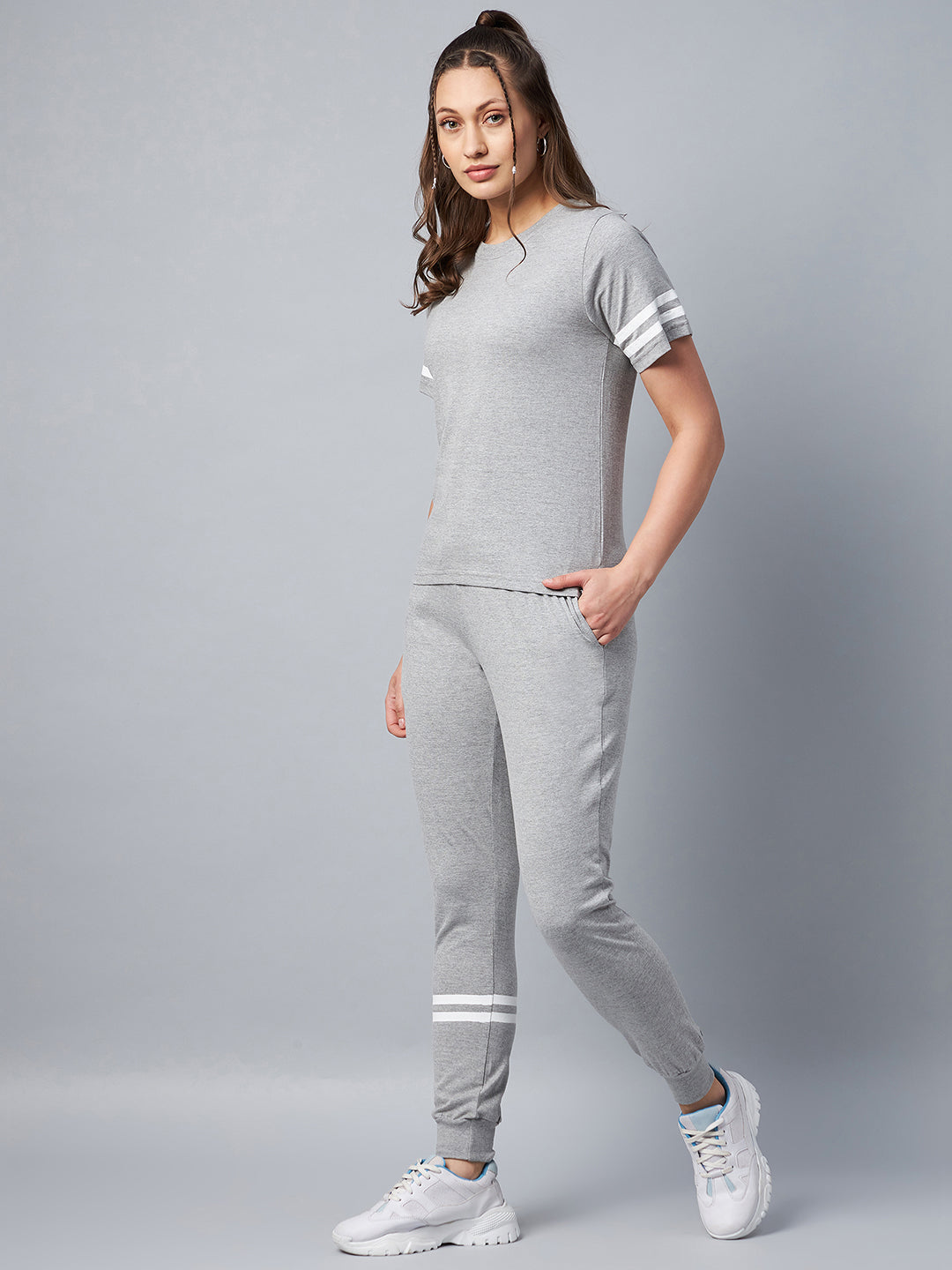 Women's Grey Striped Cotton Tracksuit Set