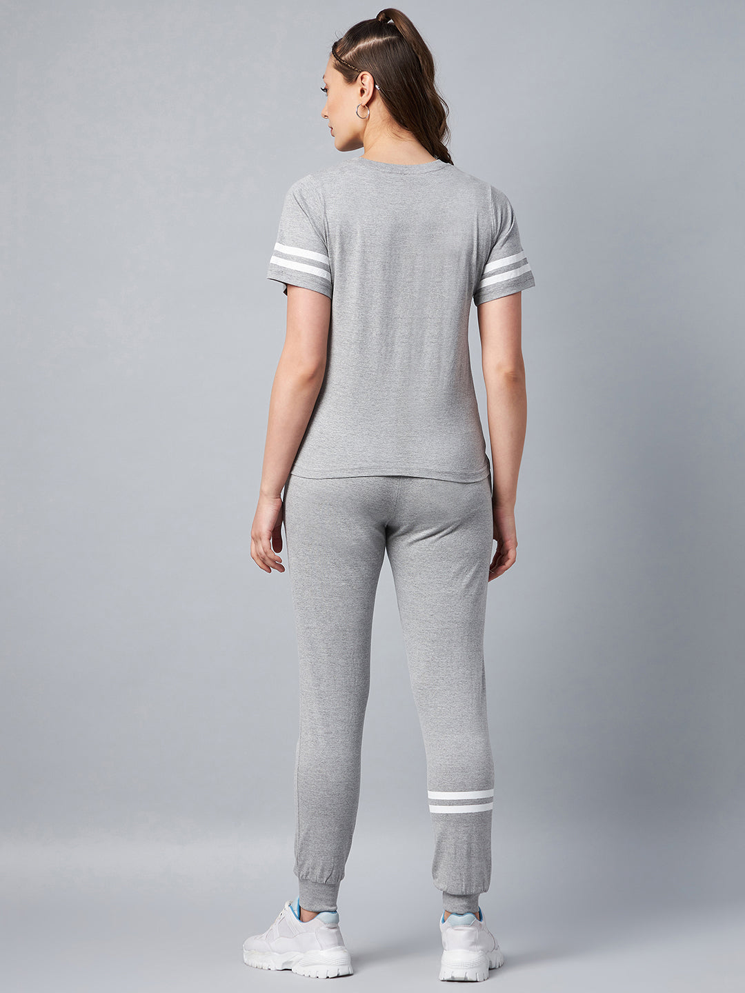 Women's Grey Striped Cotton Tracksuit Set