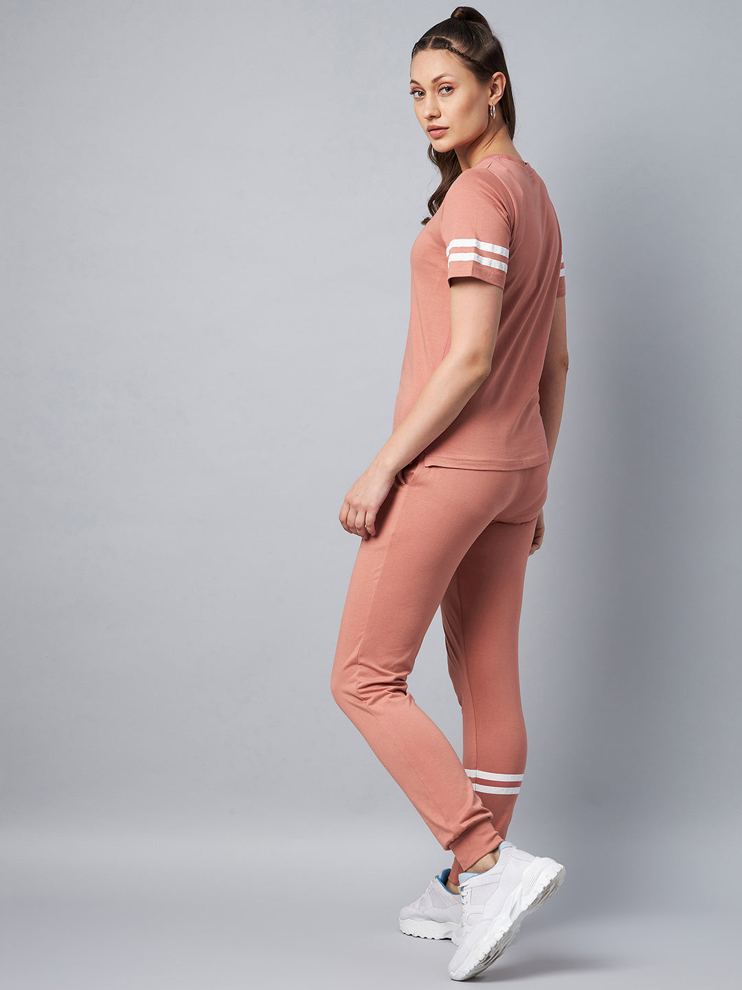 Women's Pink Striped Cotton Tracksuit Set