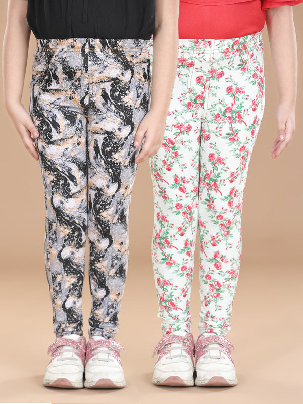 Girls Cotton Floral Printed Pack of 2 Jeggings