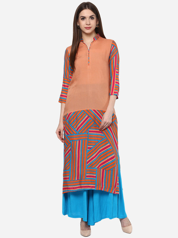 Women's Printed Orange and Blue Kurti