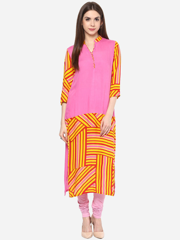 Women's Printed Pink and Yellow Kurti