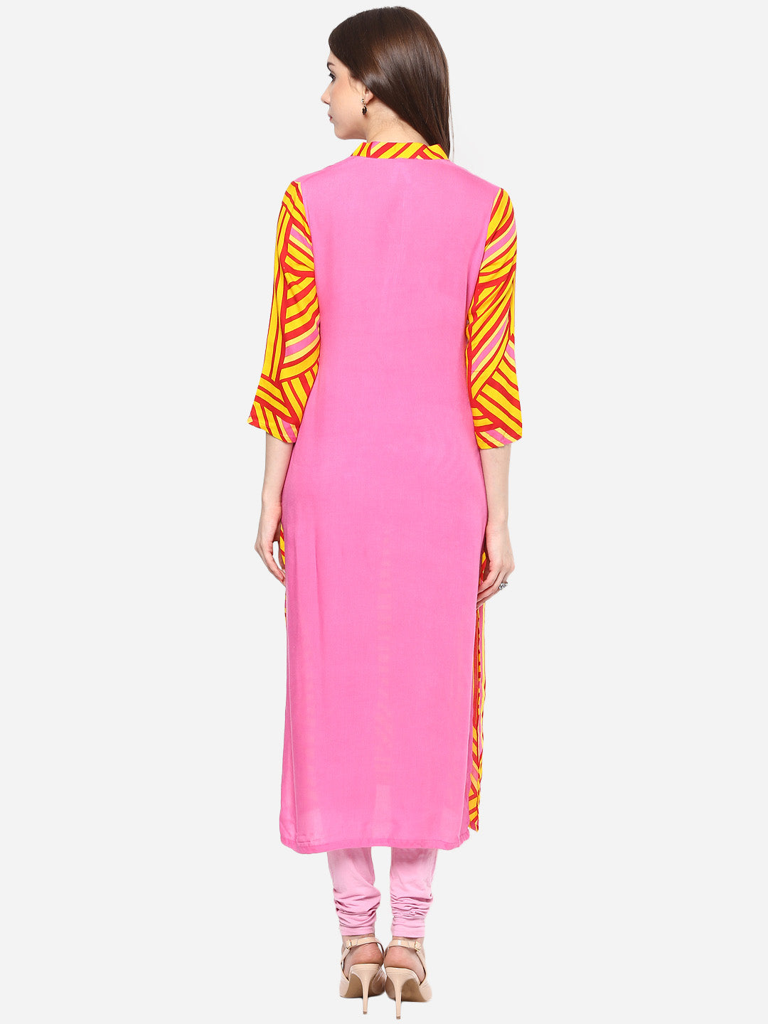 Women's Printed Pink and Yellow Kurti