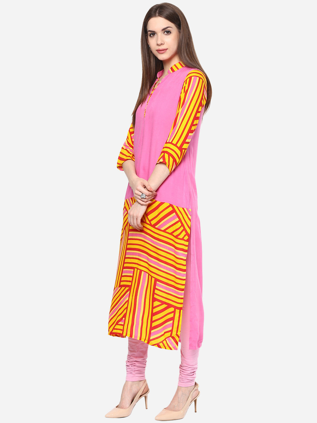 Women's Printed Pink and Yellow Kurti