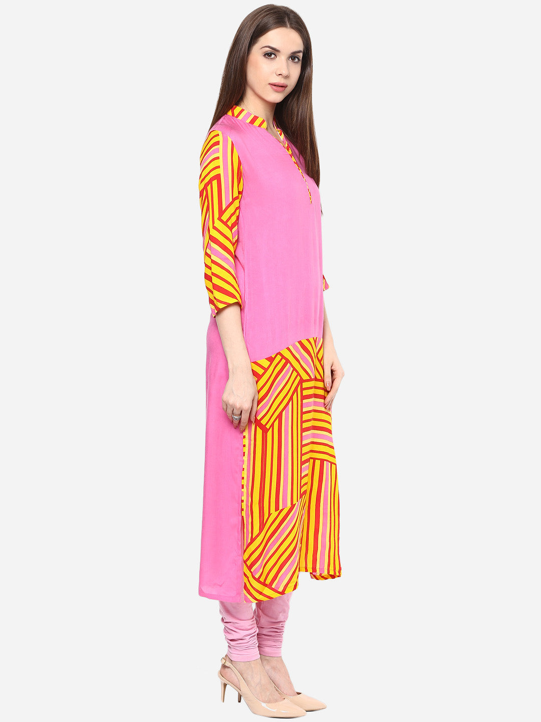 Women's Printed Pink and Yellow Kurti