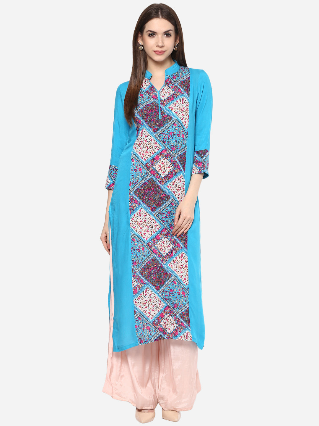 Women's Printed Turquoise and Pink Kurti