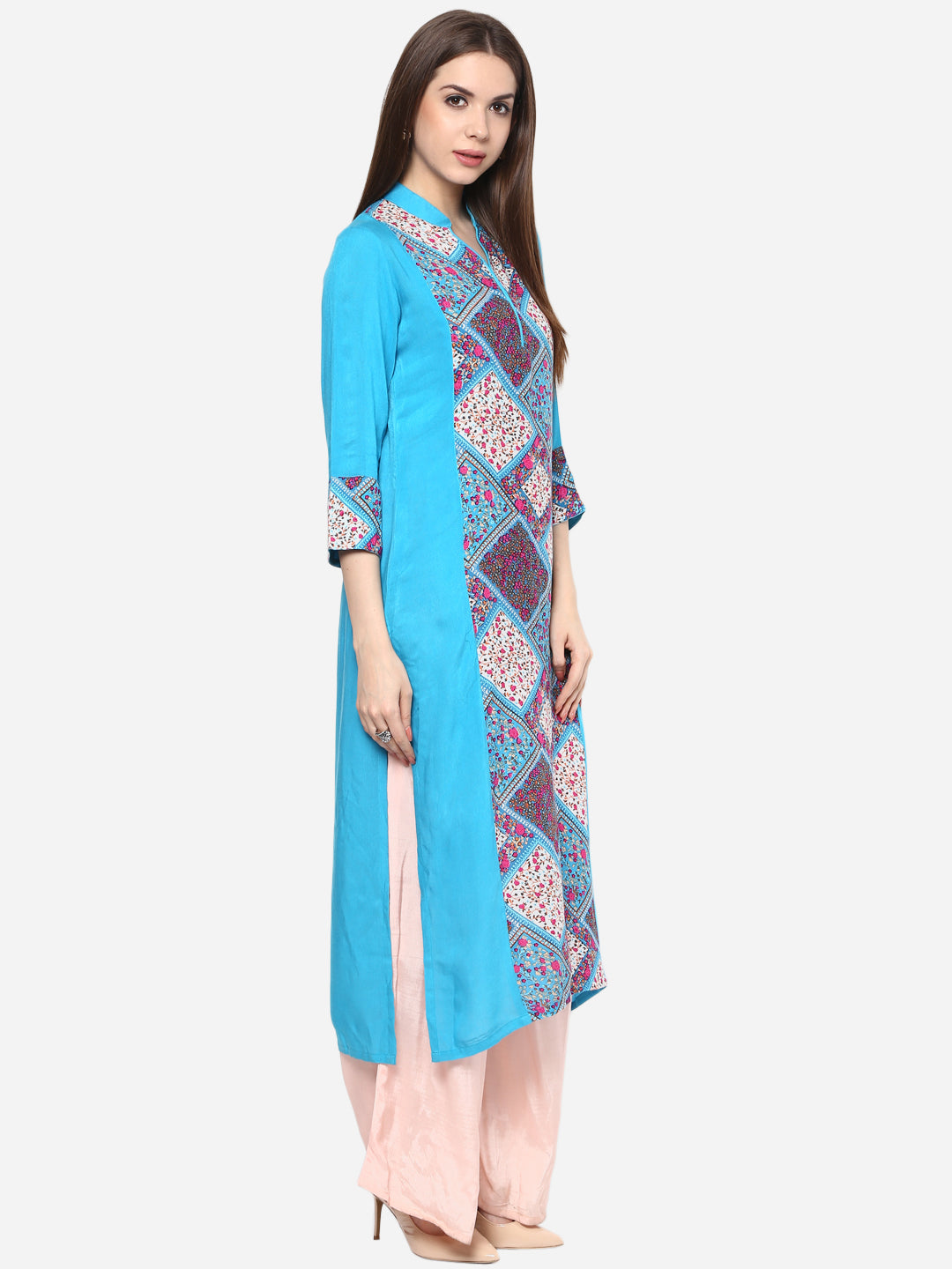 Women's Printed Turquoise and Pink Kurti