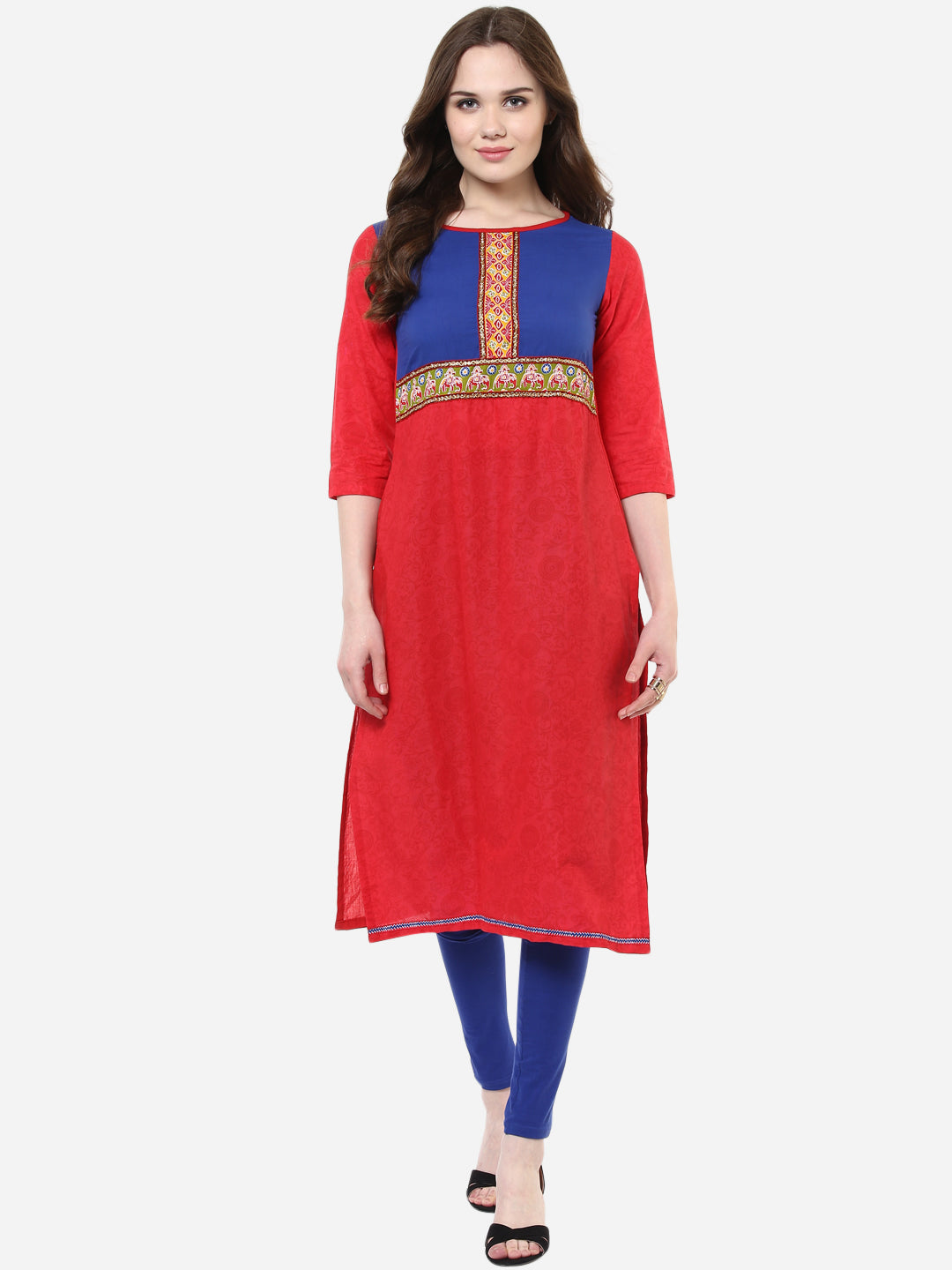 Women's Red and Blue Elephant Print Cotton Kurti