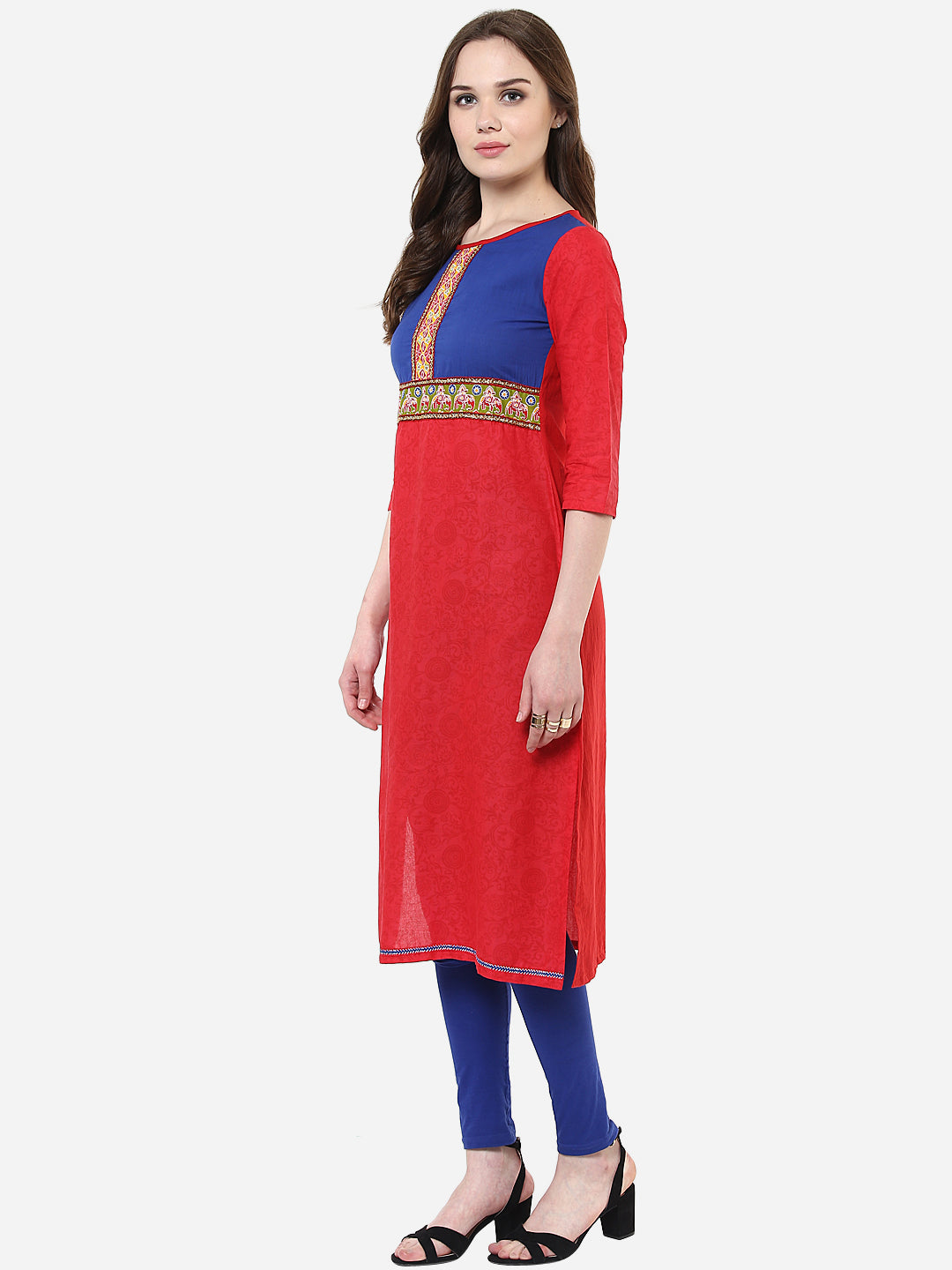 Women's Red and Blue Elephant Print Cotton Kurti