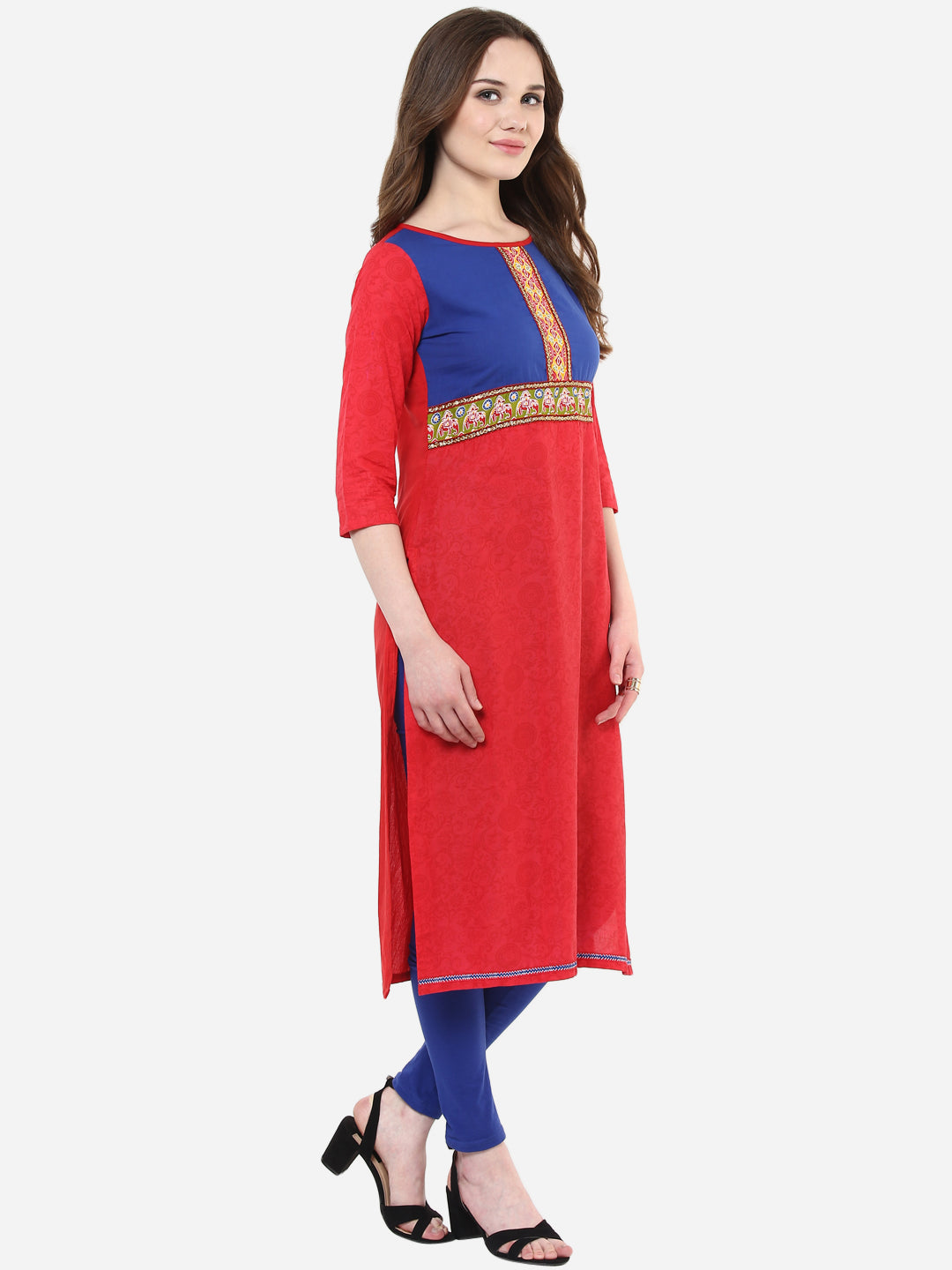 Women's Red and Blue Elephant Print Cotton Kurti