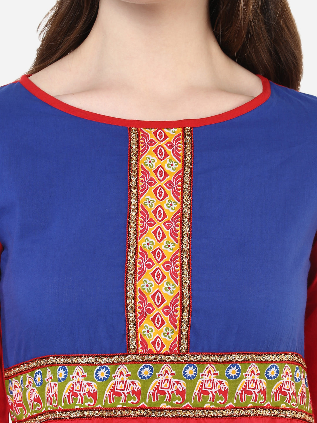 Women's Red and Blue Elephant Print Cotton Kurti