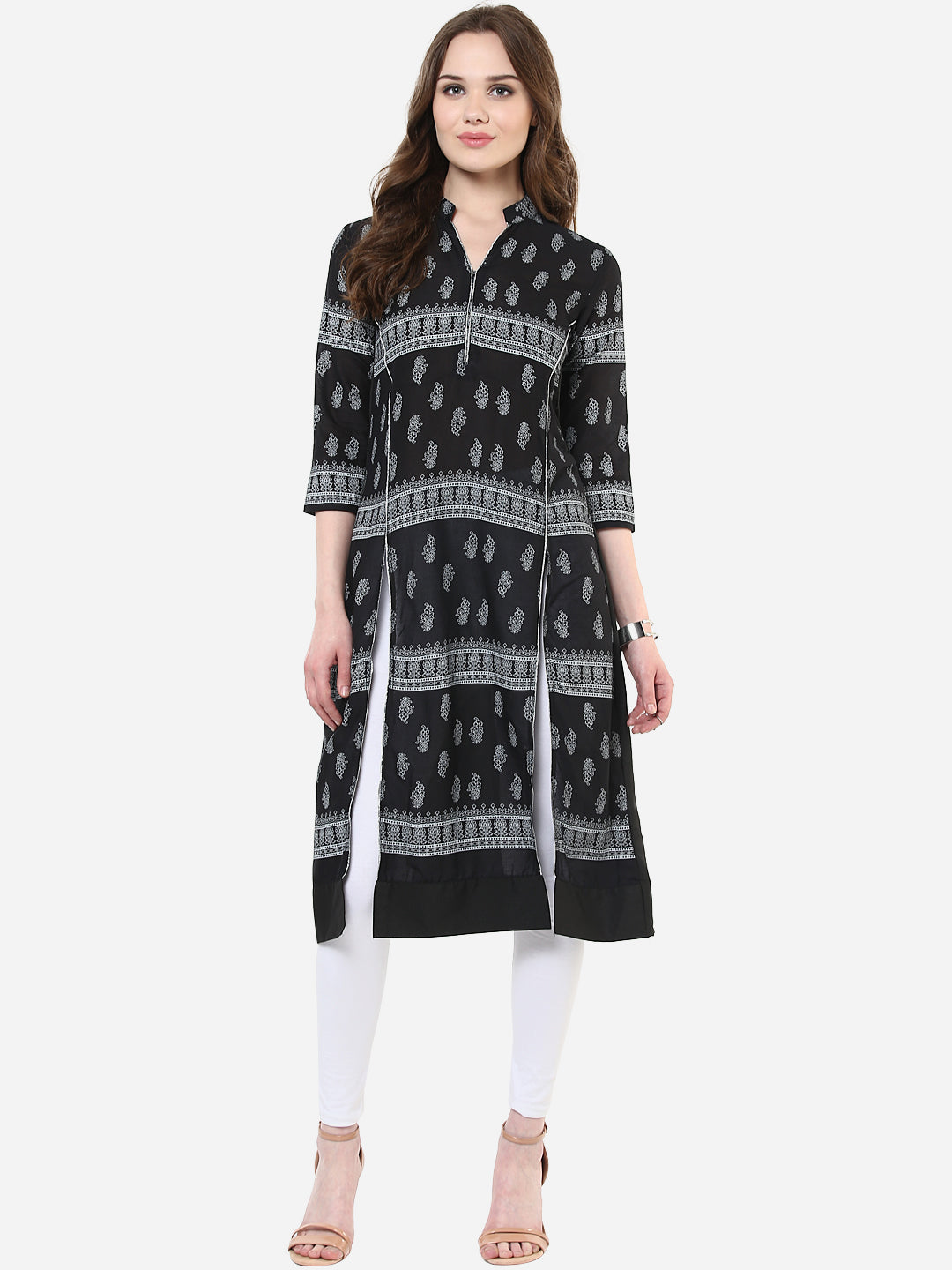Women's Black and White Stylish Double Slit Flap Kurti