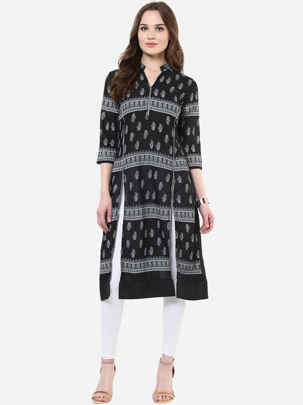 Women's Black and White Stylish Double Slit Flap Kurti