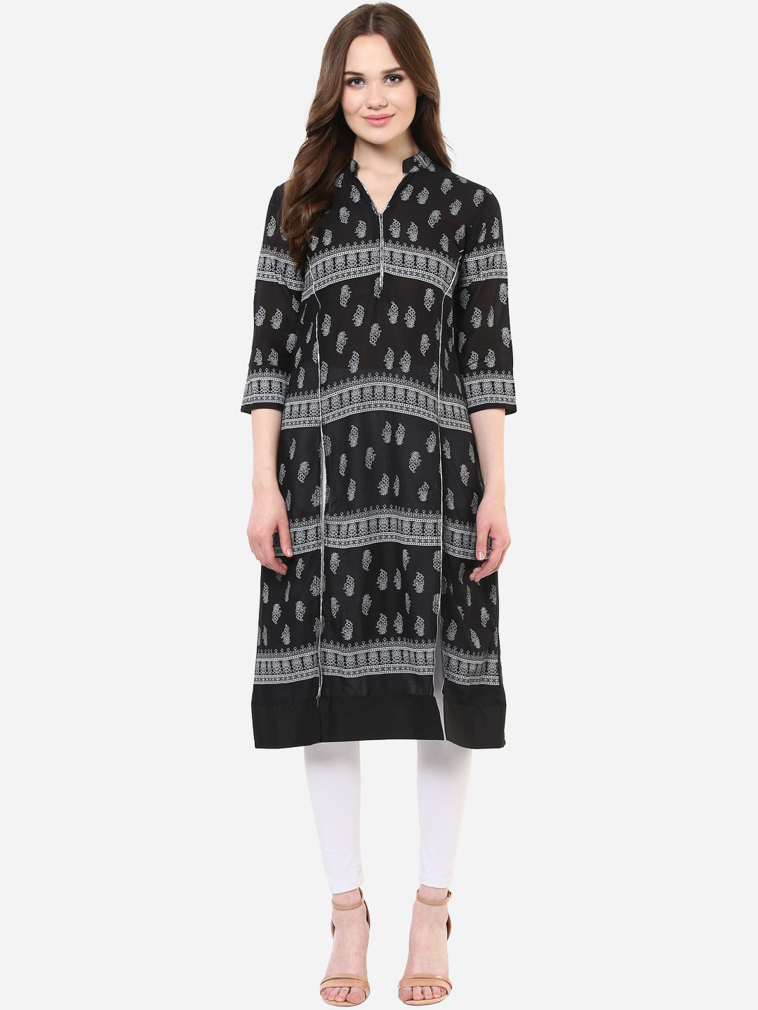 Women's Black and White Stylish Double Slit Flap Kurti