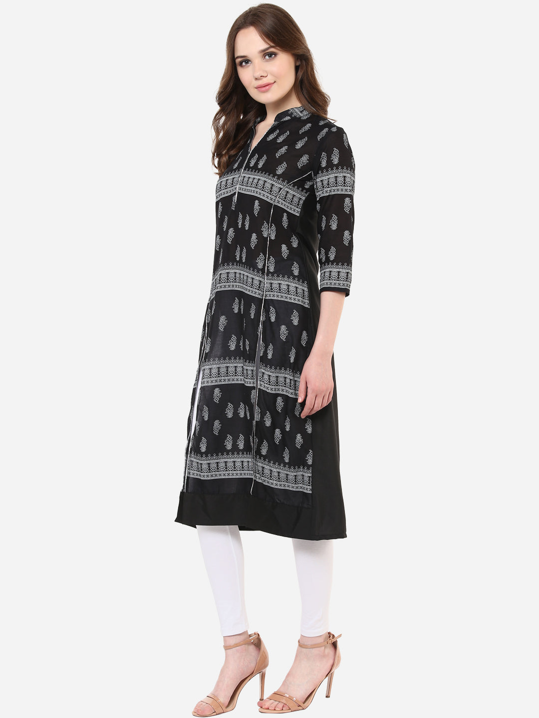 Women's Black and White Stylish Double Slit Flap Kurti