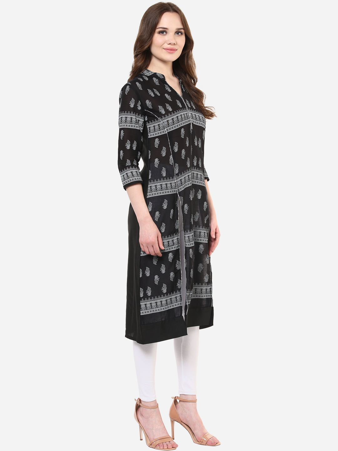 Women's Black and White Stylish Double Slit Flap Kurti