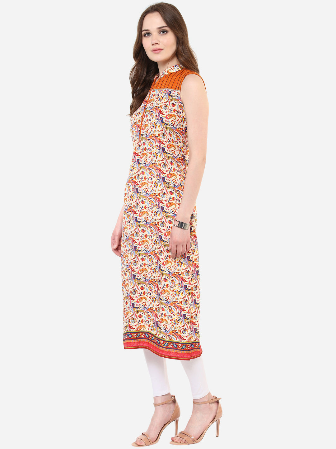 Women's Orange and Gold Paisley thread Work Kurti