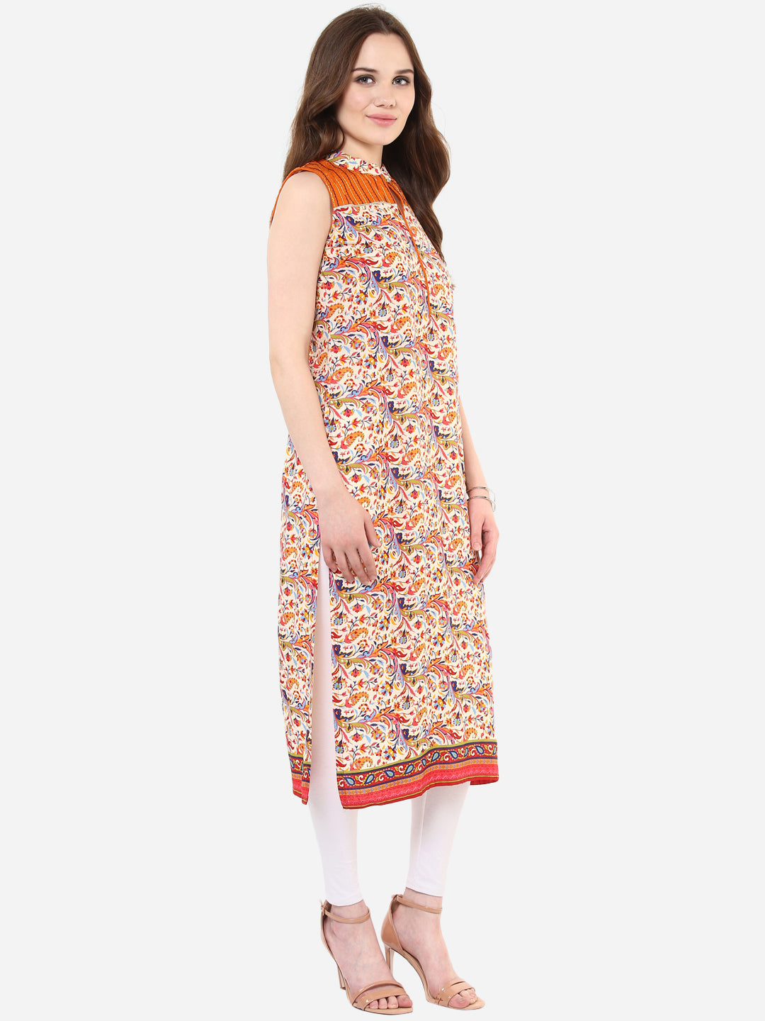 Women's Orange and Gold Paisley thread Work Kurti