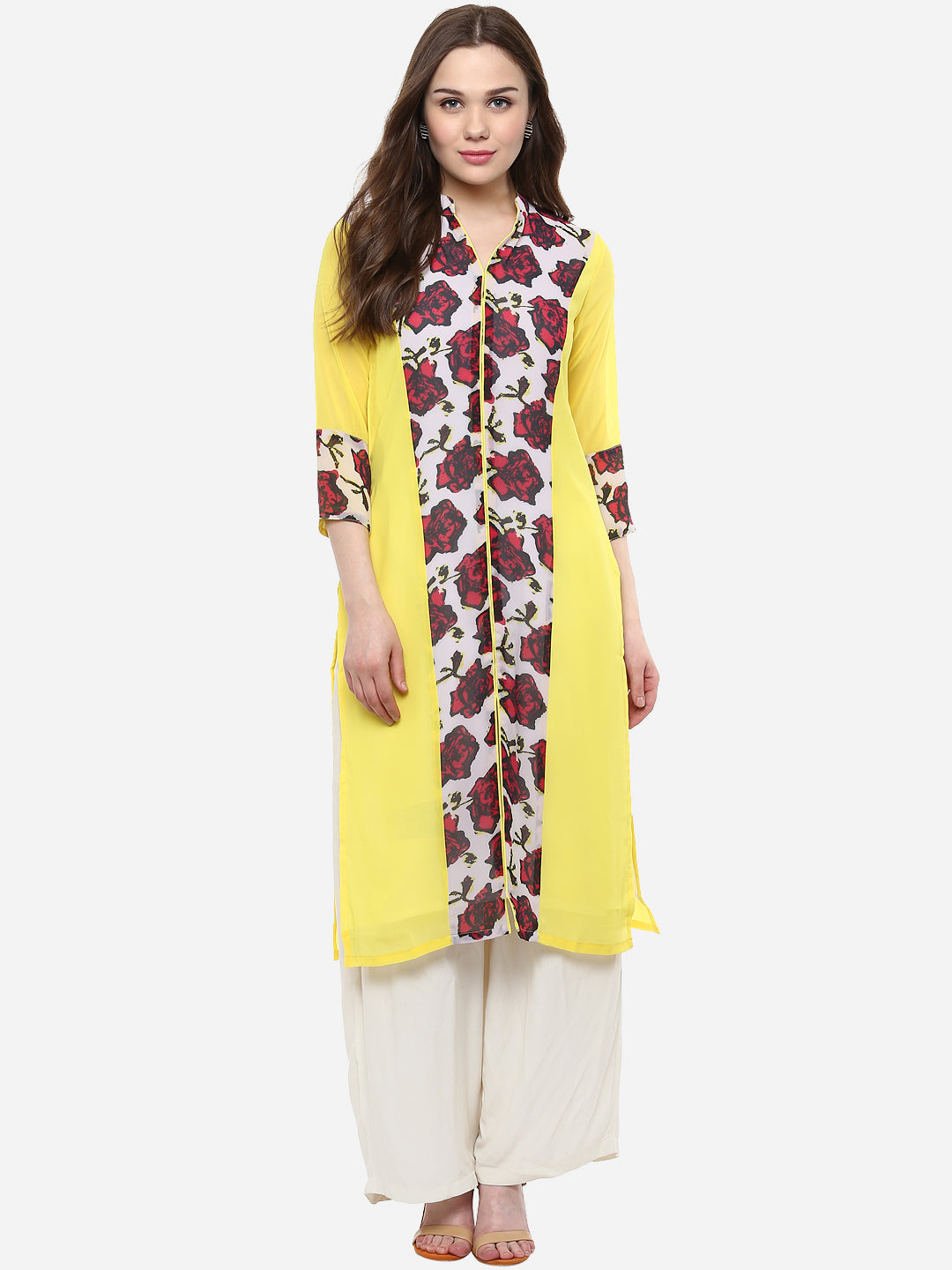 Women's Georgette Red and Yellow Rose Kurti