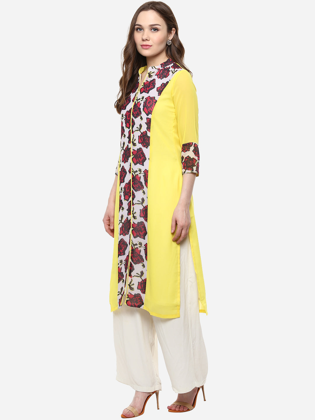 Women's Georgette Red and Yellow Rose Kurti