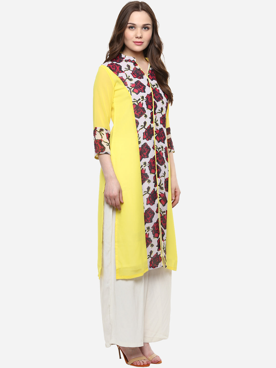 Women's Georgette Red and Yellow Rose Kurti