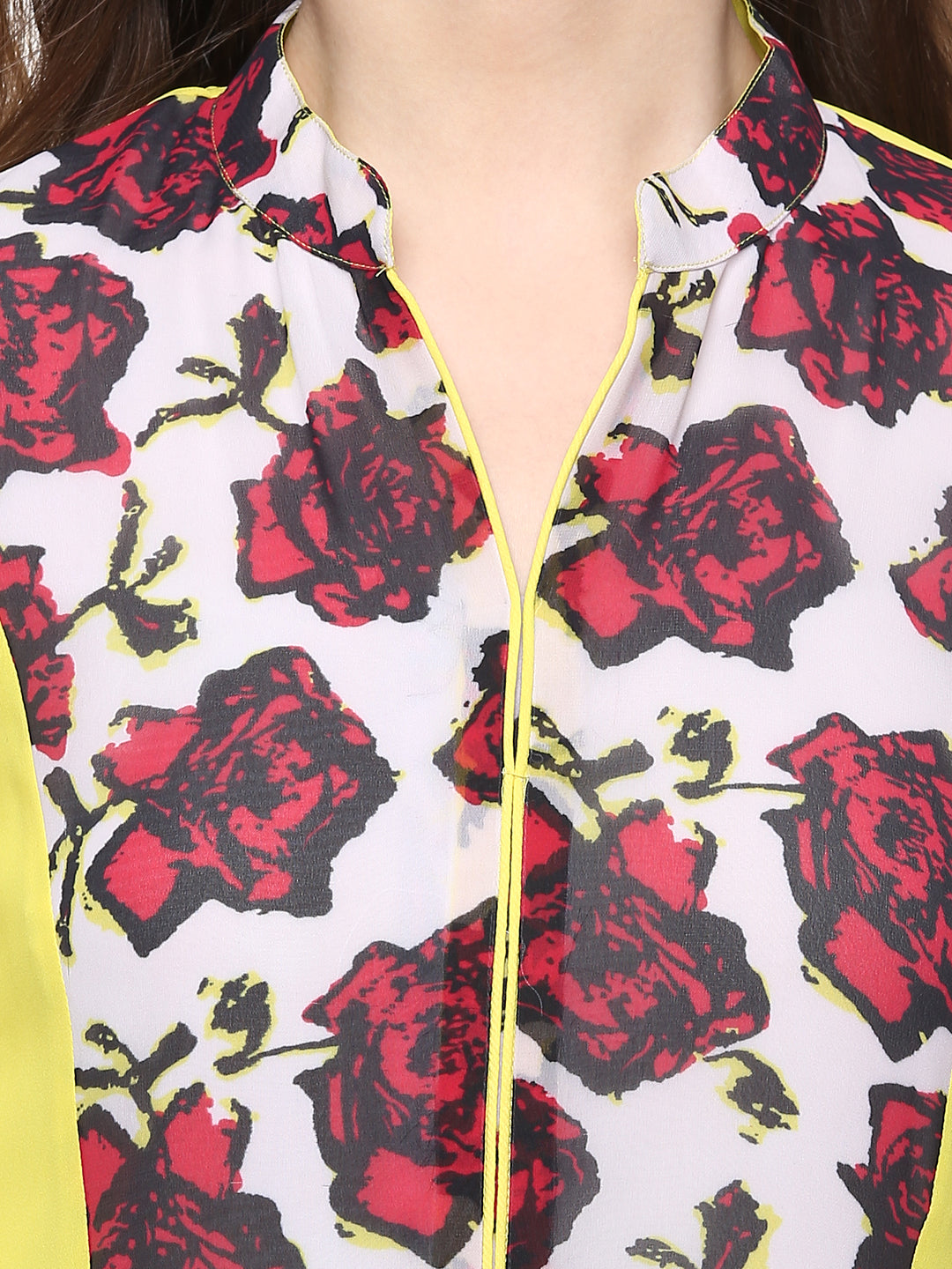 Women's Georgette Red and Yellow Rose Kurti