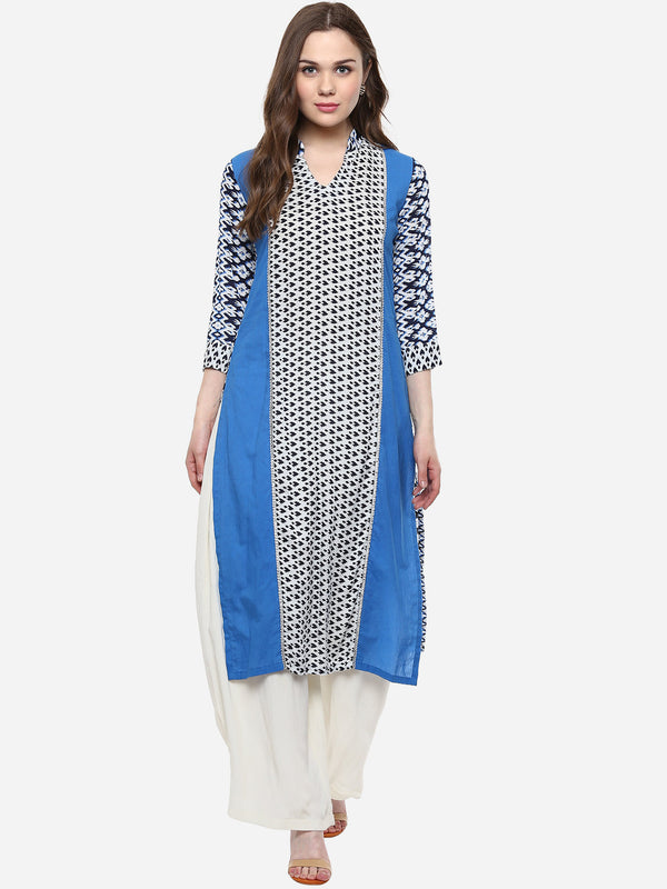 Women's Rayon Blue and White Ikat Print Kurti