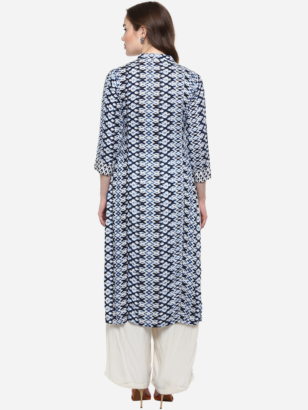 Women's Rayon Blue and White Ikat Print Kurti