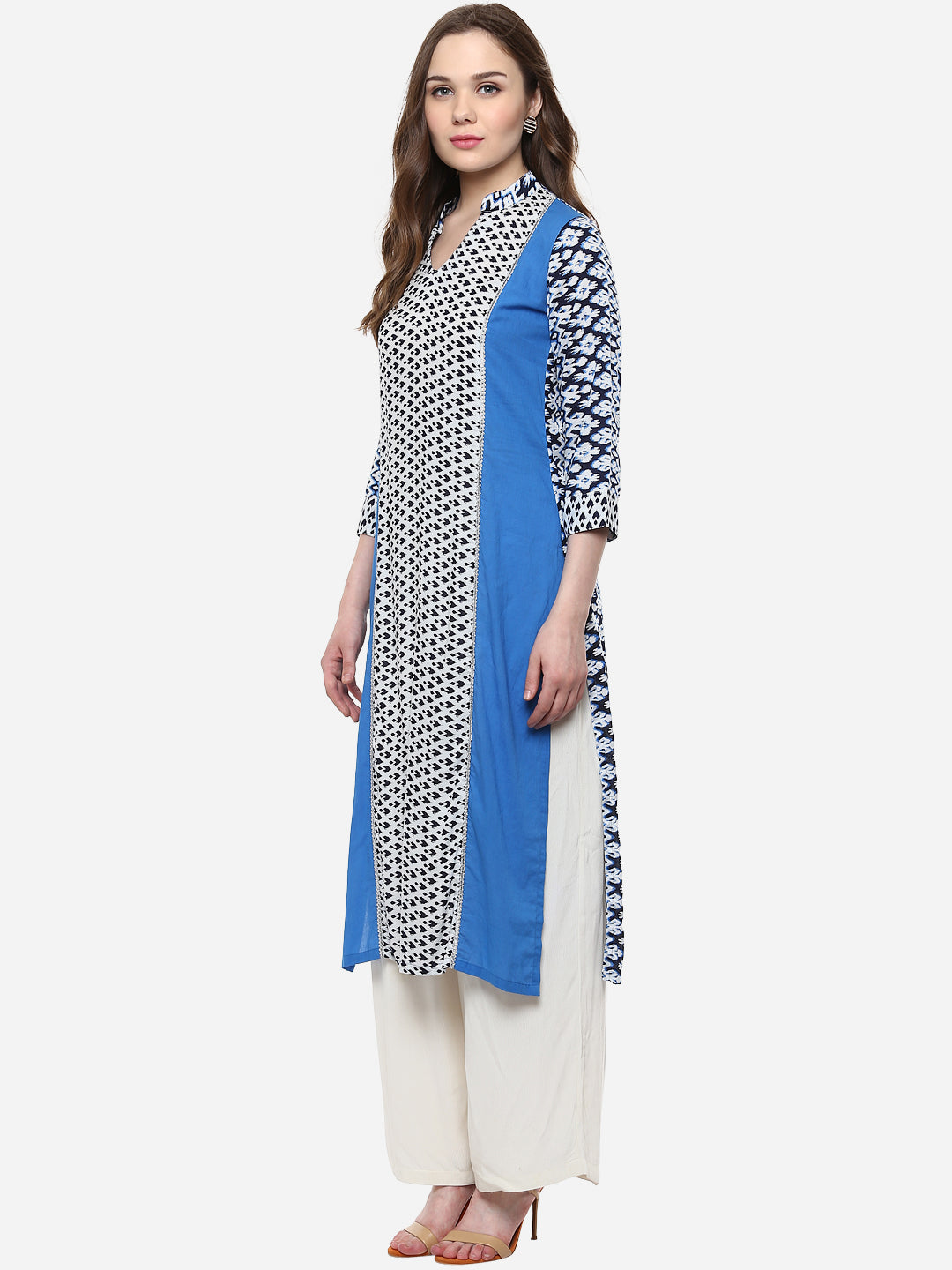 Women's Rayon Blue and White Ikat Print Kurti
