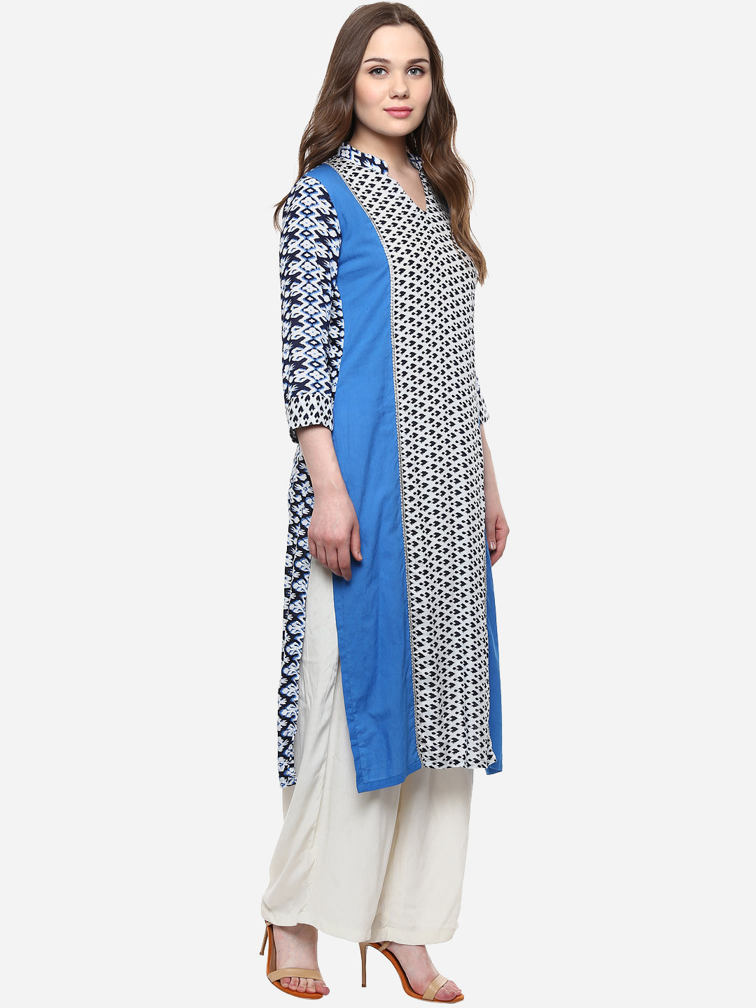 Women's Rayon Blue and White Ikat Print Kurti