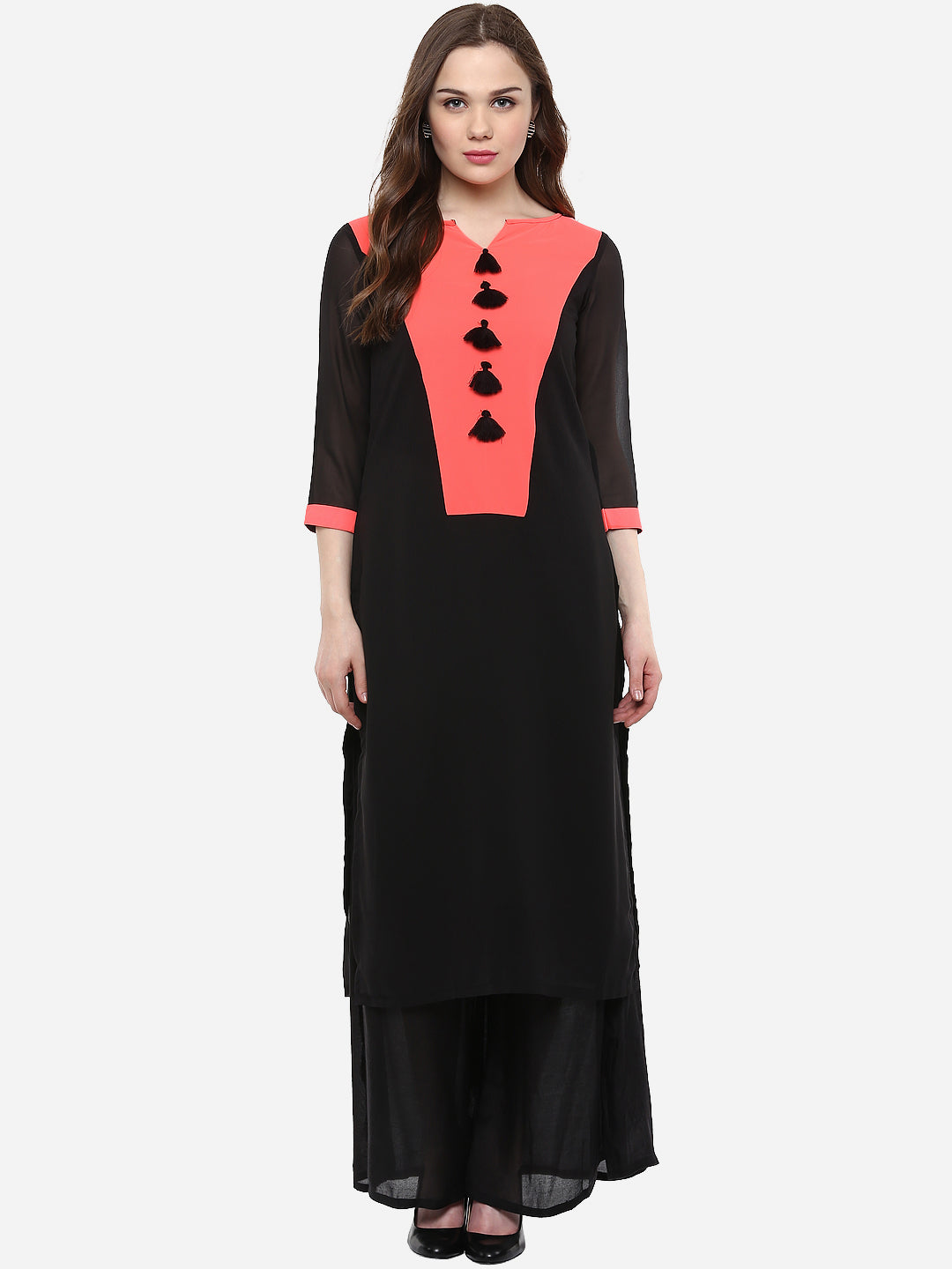 Women's Georgette Black and Neon PinkTassels Kurti